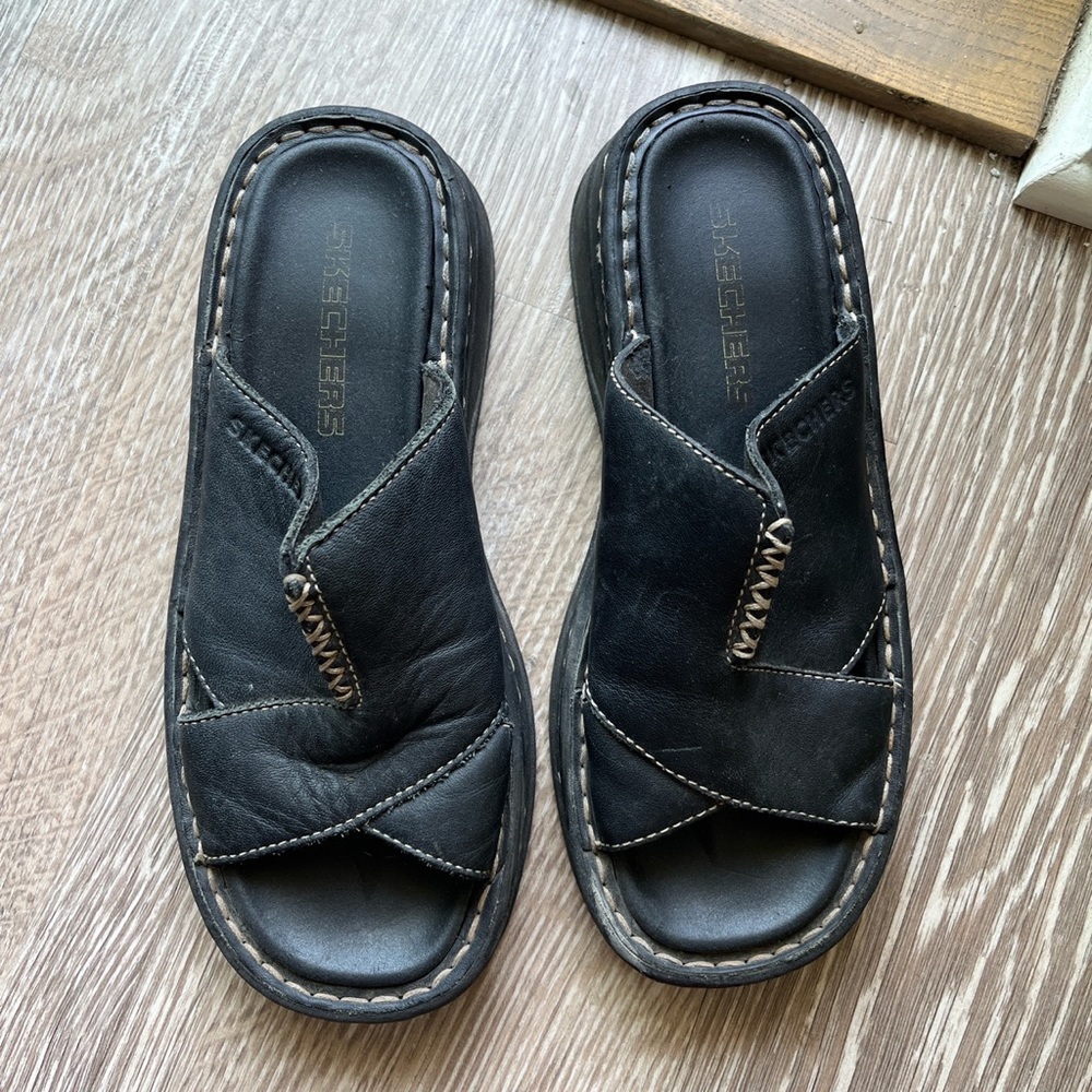leather skechers sandals with small platform